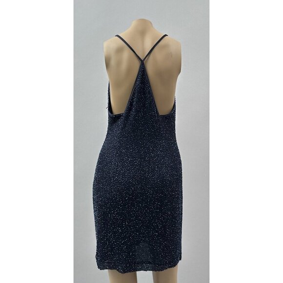 Y2K Bieff Basix Silk V-Neck Beaded Sleeveless Cocktail Dress Navy Blue Womens 12 - Picture 2 of 10